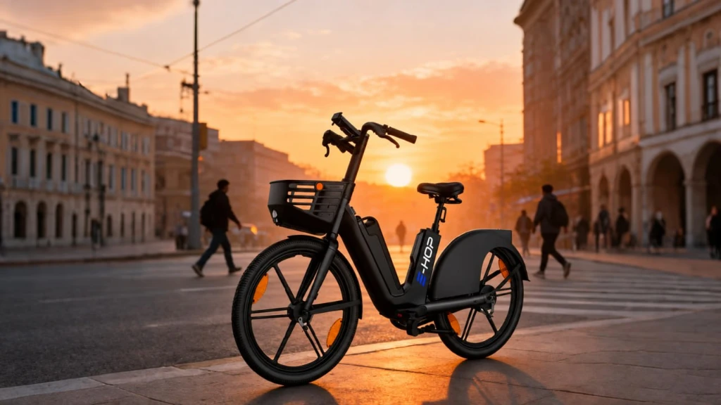 E-HOP Smart E-Bike Sunset in City - Manufactured by OKAI